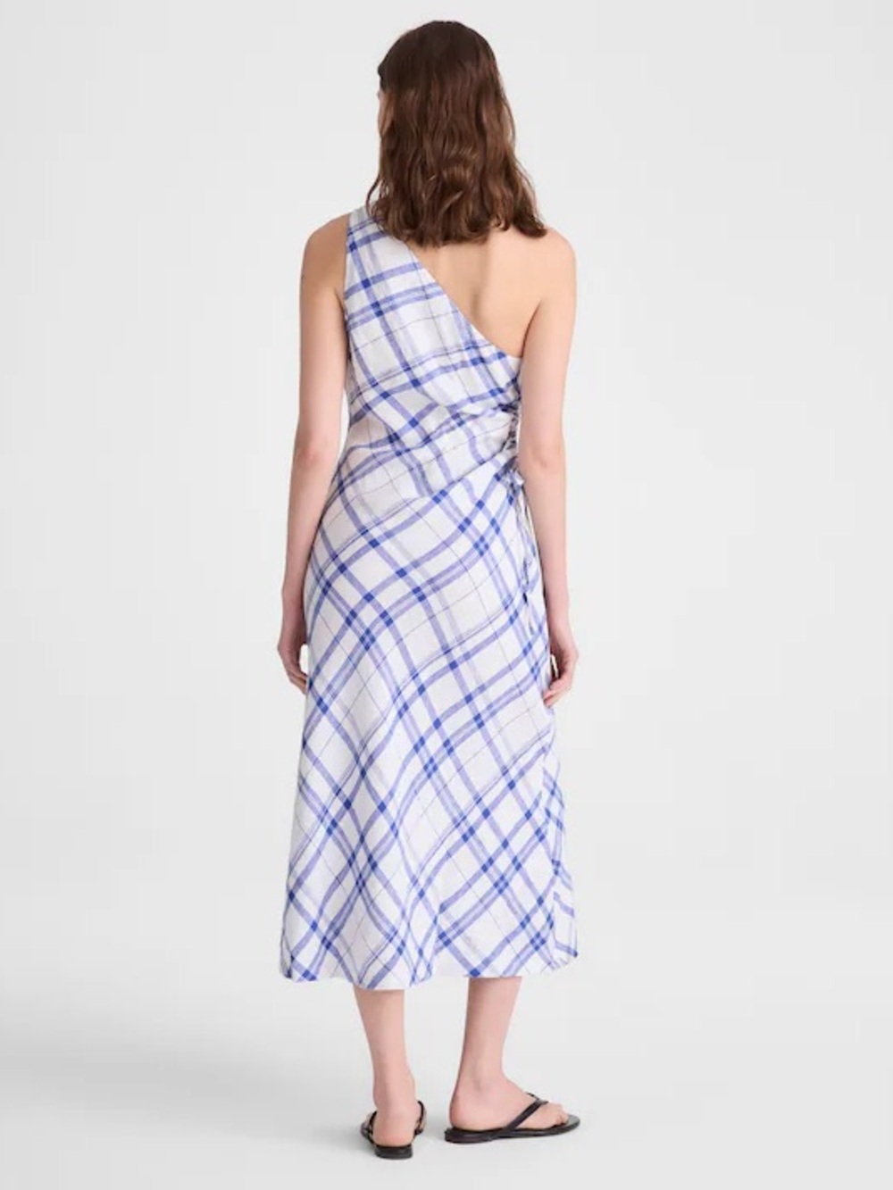 Madewell Ruched One-Shoulder Midi Dress Size 12 Blue White Plaid Linen - Picture 8 of 12